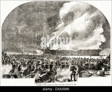 Klipper große Republik am Feuer im Hafen von New York 27. Dezember 1853. Viktorianische Gravur. Stockfoto