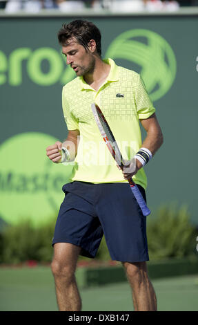 Key Biscayne, Florida, USA. 21. März 2014. Key Biscayne - März 20: JEREMY CHARDY (FRA) feiert früh aber verlöre, Novak Djokovic (SRB) 64, 63 in ihrem zweiten Vorrundenspiel beim 2014 Sony Open Tennisturnier. (Fotos von Andrew Patron) © Andrew Patron/ZUMAPRESS.com/Alamy Live-Nachrichten Stockfoto