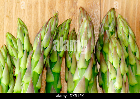 frischer grüner Spargel-Tipps/Stiele aus Holz Hintergrund, UK Stockfoto