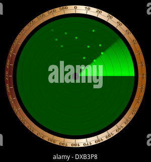 Der Bildschirm einer typischen Radar in grün mit Staffelungen und erkannten Feind Stockfoto