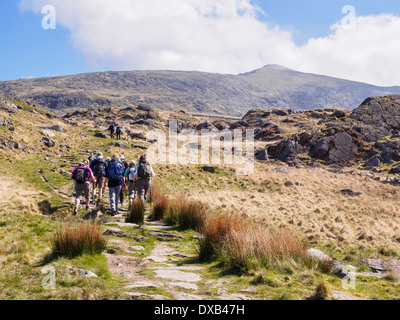 Gruppe von Wanderern Rhyd Ddu Weg bis Mt Snowdon mit Blick zum Gipfel im Abstand in Snowdonia National Park North Wales UK zu gehen Stockfoto