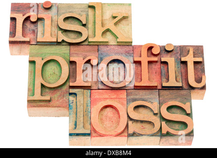 Risiko, Gewinn, Verlust - Konzept zu investieren - Wort abstrakt im Buchdruck Holzart Stockfoto