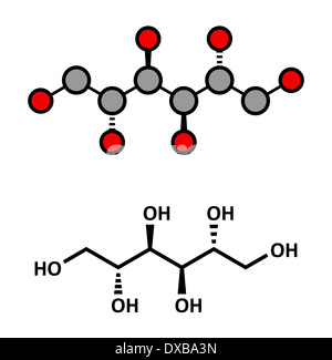 Mannit (Mannite, Manna Zucker) Molekül. Als Süßstoff, Drogen usw. verwendet. Stilisierte 2D Rendering und konventionellen Skelettformel. Stockfoto