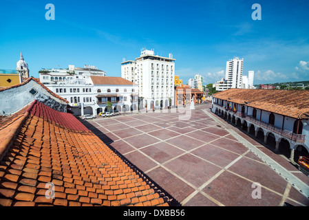 Ansicht von oben der historischen Plaza De La Aduana in Cartagena, Kolumbien Stockfoto