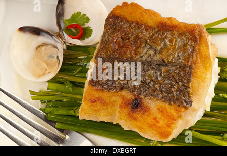 Knusprig gebratene Kabeljaufilet auf einem Bett aus Schnittlauch garniert mit Almejas, Muscheln und Chili Stockfoto