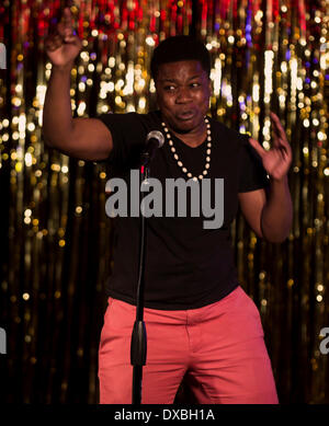 Austin, Texas, USA. 21. März 2014. JANAE JOHNSON aus Boston, Massachusetts konkurriert in einem Kampf während der Women Of The World Poetry Slam. WOWPS ist eine jährliche, viertägige Poesiefestival verfügt über einen Wettbewerb, Workshops und Themen offene Mikrofone, Kronen, die eine nationale Frauen Poetry Champion unter den 72 Konkurrenten, die in lokalen qualifiziert und regionalen-slams. Brian Cahn/ZUMAPRESS.com/Alamy © Live-Nachrichten Stockfoto