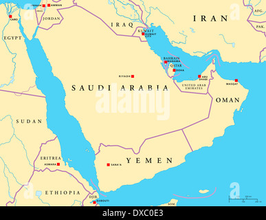 Politische Karte der arabischen Halbinsel mit Kapitellen, Ländergrenzen, Flüssen und Seen. Stockfoto