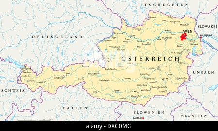 Politische Karte von Österreich mit der Hauptstadt Wien, Landesgrenzen, die wichtigsten Städte, Flüsse und Seen. Stockfoto