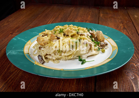 Tetrazzini ist ein amerikanische Gericht. Spaghetti mit Huhn, Pilzen und frisch geriebener Parmesan. Stockfoto