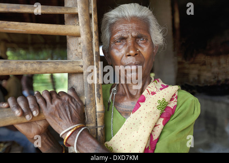 Porträt einer alten Stammesfrau. Santhal-Stamm. Jarkatand Dorf, Bokaro Bezirk, Jharkhand. Ländliche Gesichter Indiens Stockfoto