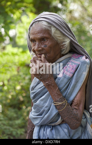 Porträt einer alten Stammes Dame. Santhal Stamm. Jarkatand Dorf, Bokaro Bezirk, Jharkhand Stockfoto