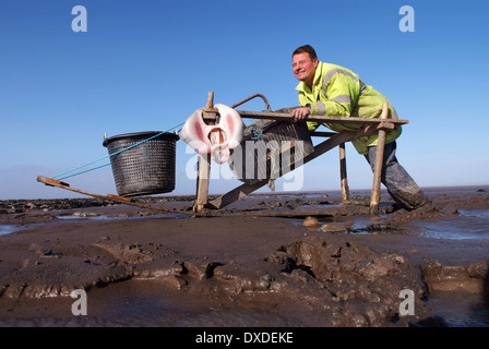 Mudhorse-Fischer Adrian Selleck im Wattenmeer der Bridgwater Bay, Somerset Stockfoto