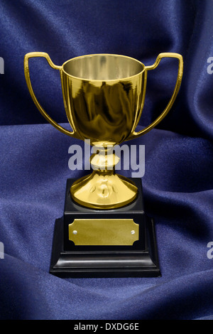 Eine Gold-Gewinner-Trophäe auf ein blauer Seide Hintergrund tolles Konzept für Leistung, Erfolg oder einen Wettbewerb oder Award zu gewinnen. Stockfoto