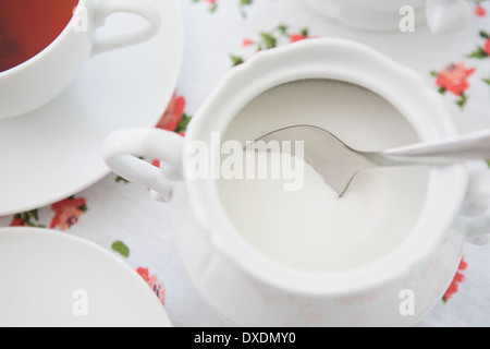 Draufsicht der Zuckerdose mit Löffel, Studioaufnahme Stockfoto