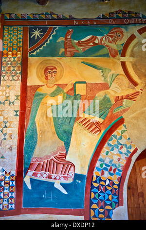 Zwölften Jahrhundert restauriert romanische Fresken rund um den Eingang zur Kirche von Saint Joan von Boi, Val de Boi, Stockfoto