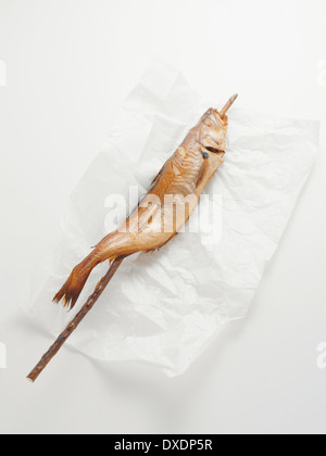 Gebratene Makrele Hecht Fisch auf Stick am Papierverpackung, Studioaufnahme Stockfoto