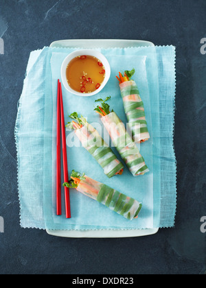 Overhead Anzeigen von vietnamesischen Reis Papierrollen (Goi Cuon) mit Dip-Sauce, Studio Shot Stockfoto