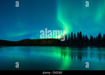 Aurora Borealis (Nordlicht) über den Klondike River, Yukon Territorien, Kanada Stockfoto