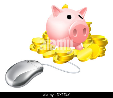 Computer-Maus angeschlossen, Sparschwein mit Goldmünzen. Konzept für Online-sparen oder Investitionen Stockfoto