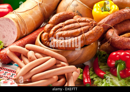 Vielzahl von Wurstwaren. Nahaufnahme. Stockfoto