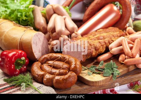 Vielzahl von Wurstwaren. Nahaufnahme. Stockfoto