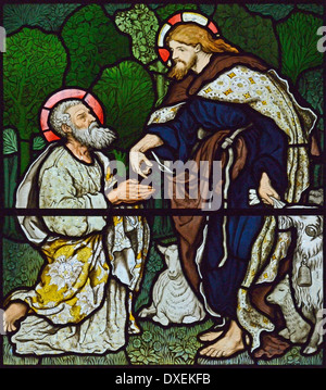 "Weide meine Schafe", Christi kostenlos zu St. Peter. Detail der Ostfenster, Jesus Church, Troutbeck, Lake District National Park. Stockfoto