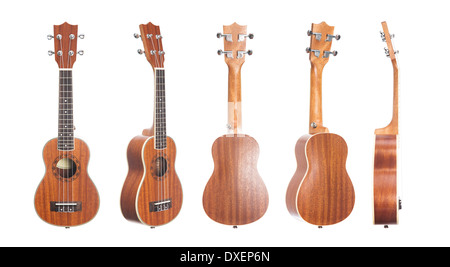 Set von 5 Ukulele Gitarren, Studio gedreht isolierten auf weißen Hintergrund Stockfoto