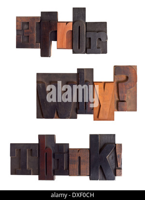 Sätze, Fehler, warum? , denken! , geschrieben in Vintage Buchdruck Typ, zerkratzt und gebeizt, isoliert auf weißem Hintergrund Stockfoto