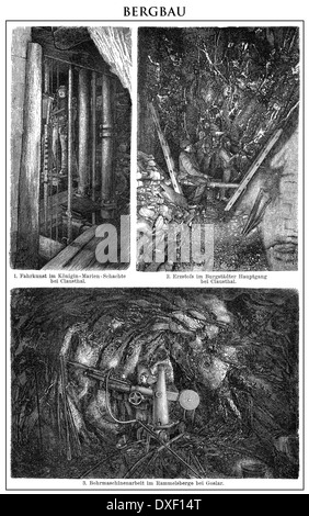 Historische Darstellung, Abbau im 19. Jahrhundert, Historische Altersspuren, Bergbau Im 19. Halbmonatsschrift Stockfoto