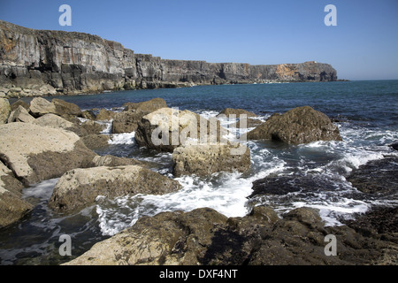 Kalkstein-Klippen mit Blick auf St. Govan Kopf, Castlemartin Halbinsel, Pembrokeshire Coast Nationalpark, Wales, Stockfoto