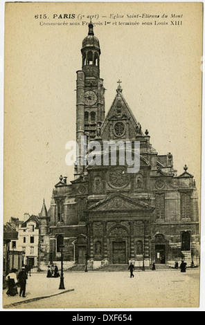Dieses Vintage-Foto zeigt die Eglise Saint-Etienne-du-Mont in Paris, eine bedeutende Kirche im 5. Arrondissement. Die Kirche ist bekannt für ihre einzigartige Architektur und ihre Rolle in der französischen Religionsgeschichte. Stockfoto