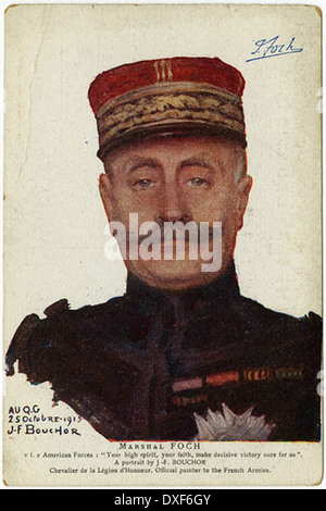 Ein historisches Foto von Marschall Ferdinand Foch, einem prominenten französischen Militärführer während des Ersten Weltkriegs. Dieses Bild zeigt ihn in einem Vintage-Stil, der die Ära seiner Führung und seines Vermächtnisses widerspiegelt. Stockfoto