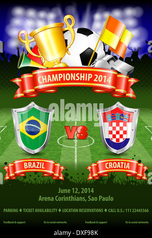 Fußball Poster World Championship 2014 Brasilien mit Schilden, Ball, Band, Cup, Fans und Flaggen Stockfoto