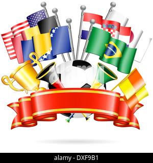 Fußball Poster mit Fußball, Fahnen, Vuvuzela, Tasse und Band, isoliert auf weißem Hintergrund Stockfoto