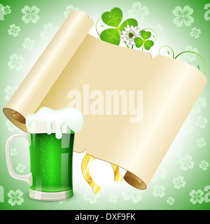 St. Patricks Day Poster mit Manuskript, Glas Bier, Hufeisen und Kleeblatt Stockfoto