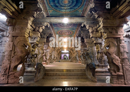 Teil der 1000-Pfeiler-Halle in der Minakshi-Sundareshvera-Hindu-Tempel in der Stadt Madurai in der Region Tamil Nadu, Indien Stockfoto