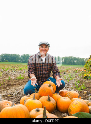 Bauer im Feld neben Kürbis Ernte, Deutschland Stockfoto