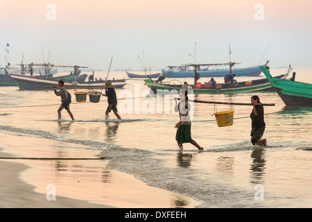 Birmanischen Leute bringen in den Nächten fangen von den Fischerbooten in der Morgendämmerung. In der Nähe des Fischerdorfes am Ngapali Strand in Myanmar. Stockfoto