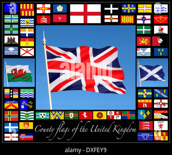 Grafschaft Flaggen des Vereinigten Königreichs zusammen mit den Flaggen von England, Schottland, Wales und die Union Flag of Great Britain. Stockfoto
