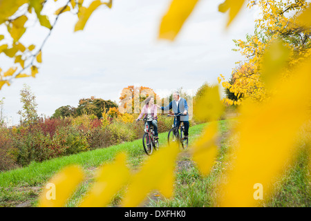Paar auf Fahrrädern in Herbst, Mannheim, Baden-Württemberg, Deutschland Stockfoto