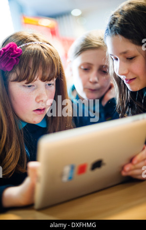 Mädchen Kinder im Grundschulalter mit Apple iPad Tablet-Computer im Unterricht, Wales UK Stockfoto