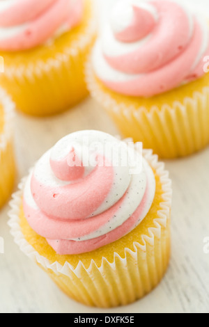 Vanille Cupcakes mit Erdbeer-Sahne gekrönt. Stockfoto
