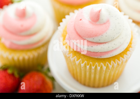 Vanille Cupcakes mit Erdbeer-Sahne gekrönt. Stockfoto