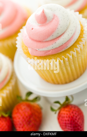 Vanille Cupcakes mit Erdbeer-Sahne gekrönt. Stockfoto