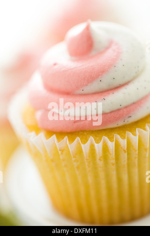 Vanille Cupcakes mit Erdbeer-Sahne gekrönt. Stockfoto
