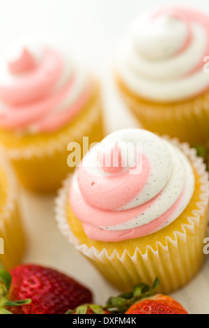 Vanille Cupcakes mit Erdbeer-Sahne gekrönt. Stockfoto