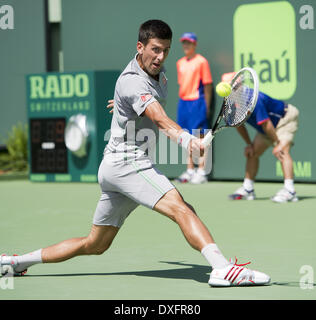 Key Biscayne, Florida, USA. 25. März 2014. Key Biscayne - 25 März: Novak Djokovic (SRB) in Aktion hier besiegt Tommy Robredo(ESP) 63, 75 während seiner letzten Quartal 2014 Sony Open Tennis Turnier übereinstimmen. (Fotos von Andrew Patron) Bildnachweis: Andrew Patron/ZUMAPRESS.com/Alamy Live-Nachrichten Stockfoto