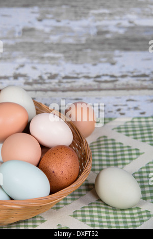 Auswahl an verschiedenen Farbe, frisch, Hühnereier in einem Korb. Grünton Küche Textile Hintergrund. Stockfoto