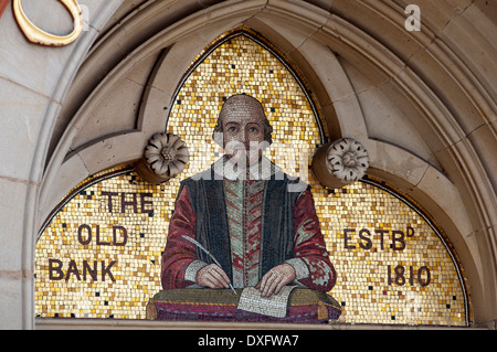 William Shakespeare Mosaik auf der alten Bank, Chapel Street, Stratford Warwickshire, England, UK Stockfoto
