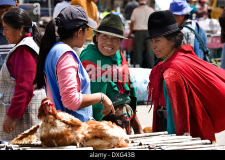 Ecuadorianische Frauen auf einem Markt in dem Dorf Saquisili in der Allee der Vulkane in Ecuador Cotopaxi und Umgebung. Stockfoto